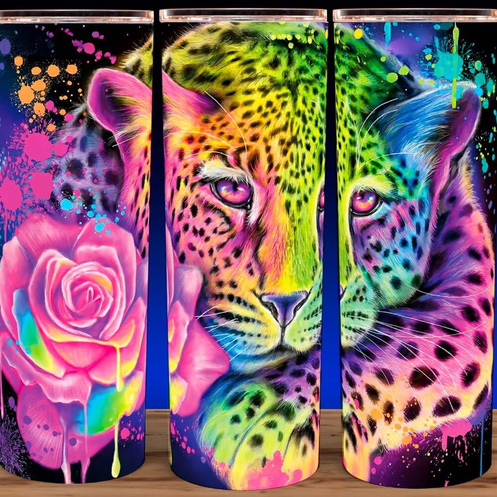 90s Lisa Frank Style Leopard with Rose Cup Mug Tumbler 20oz